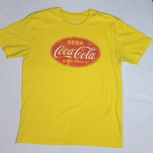 Coca Cola D-Lab (Men's L) Bright Yellow Spanish Logo Red Emblem Coke T-Shirt Tee